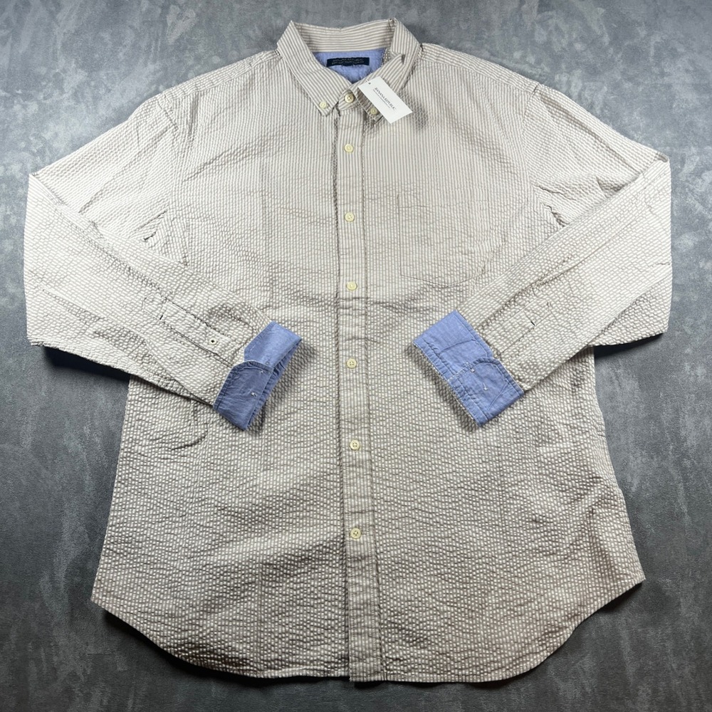Banana Republic Mens XL Seersucker Shirt Tan White Stripe Tailored Slim Fit NWT